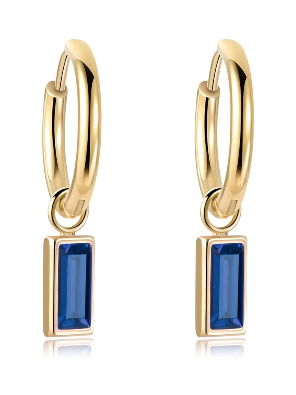 Gold Hoop Earrings with Blue Rectangular Gemstone Drop